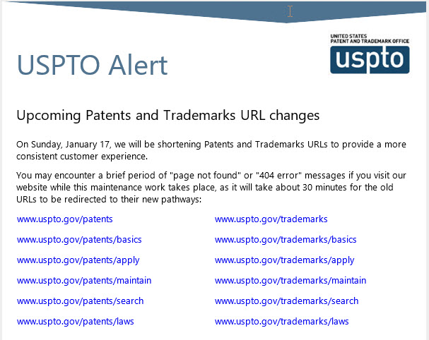 USPTO streamlines its URL’s this Sunday, January 17, 2021. By James Michael Faier, M.P.P., M.B.A., J.D. (USPTO Regn. No. 56731)